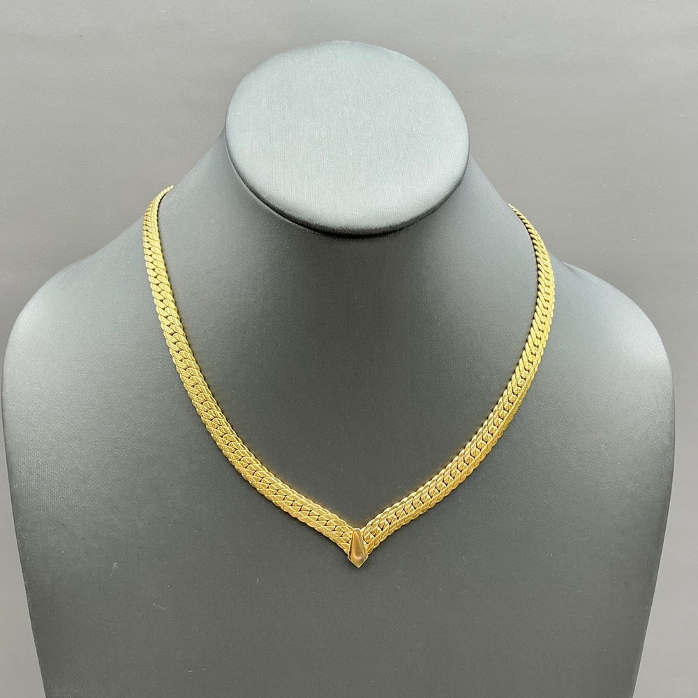Napier V-Neck Herringbone Necklace Women Gold Tone Textured Flat Link Elegant